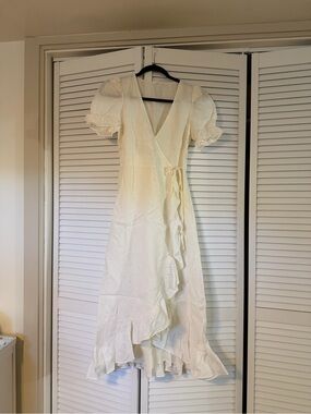 Linen Cream Puff-Sleeve High-Low Wrap Dress